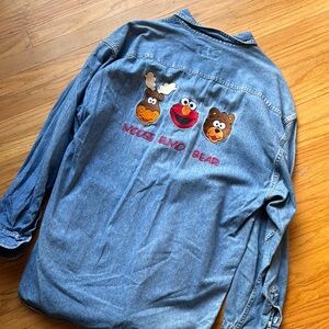 Vintage Sesame Street Denim Shirt with Moose, Elmo, and Bear Embroidery